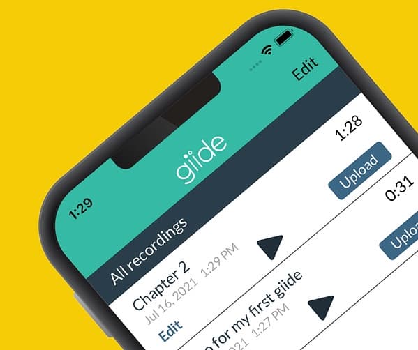 Giide mobile application interface displaying interactive audio learning content on a smartphone.