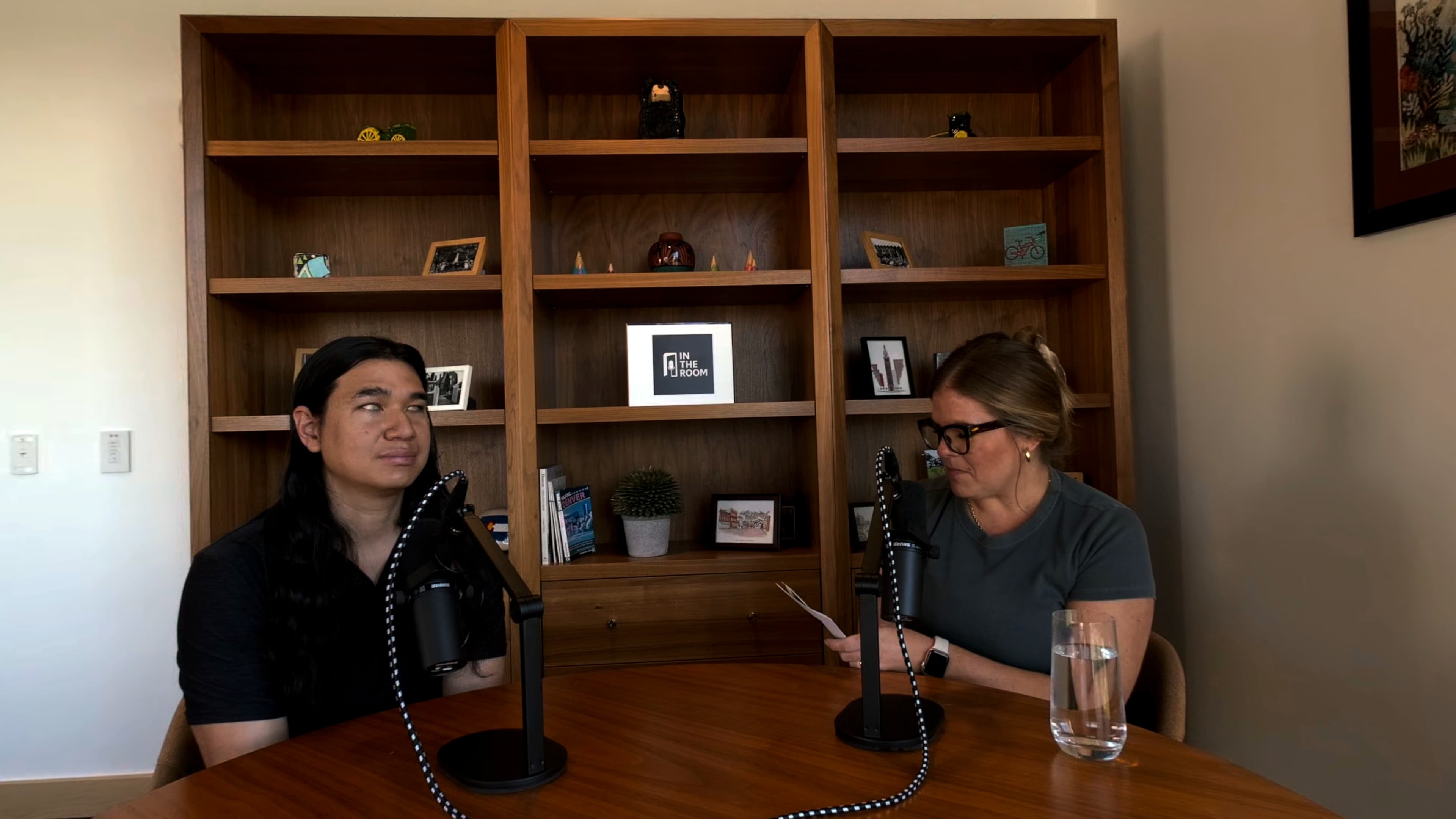 Interview recording session featuring Lindsey Mandolini and a guest for the In the Room immersive video podcast.